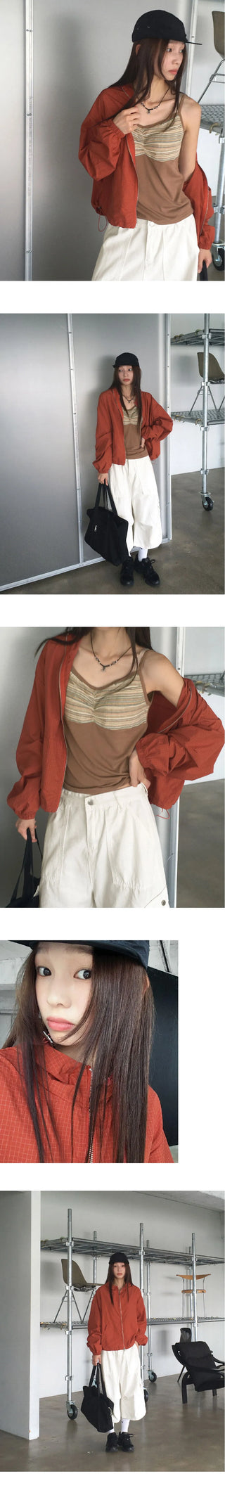 Fornell grid check windbreaker nylon two-way hooded zip-up