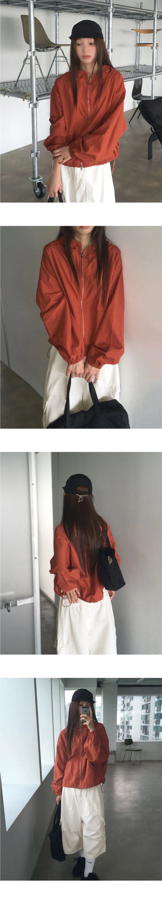 Fornell grid check windbreaker nylon two-way hooded zip-up