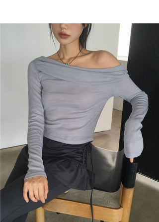Mabel shirring off-shoulder back team ribbon strap long sleeve t-shirt