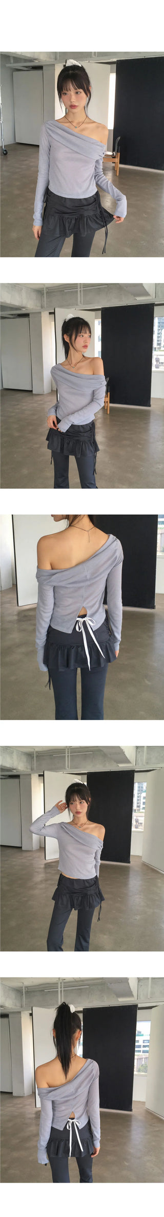 Mabel shirring off-shoulder back team ribbon strap long sleeve t-shirt