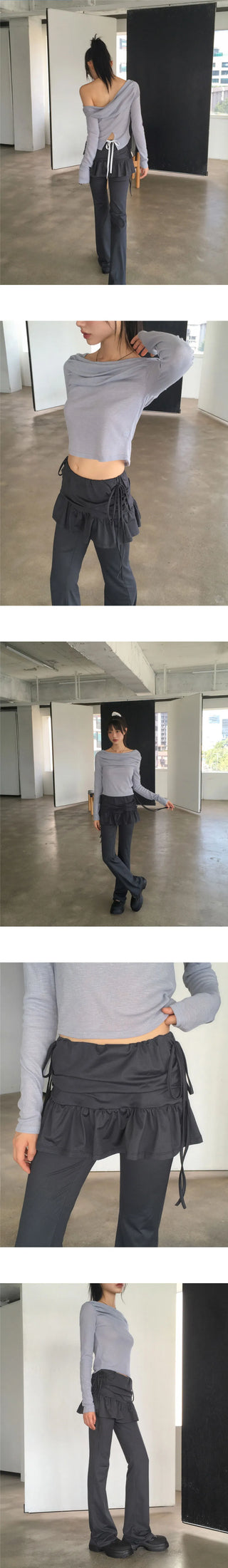 Mabel shirring off-shoulder back team ribbon strap long sleeve t-shirt