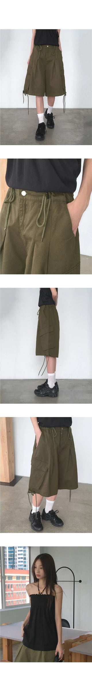 Kicks to Pintuck String Cargo 5-quarter Bermuda Pants