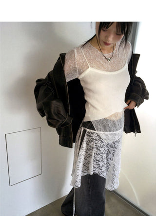 Lotal Knitwear Strap Sleeveless Sheer Diagonal Team T-Shirt Set