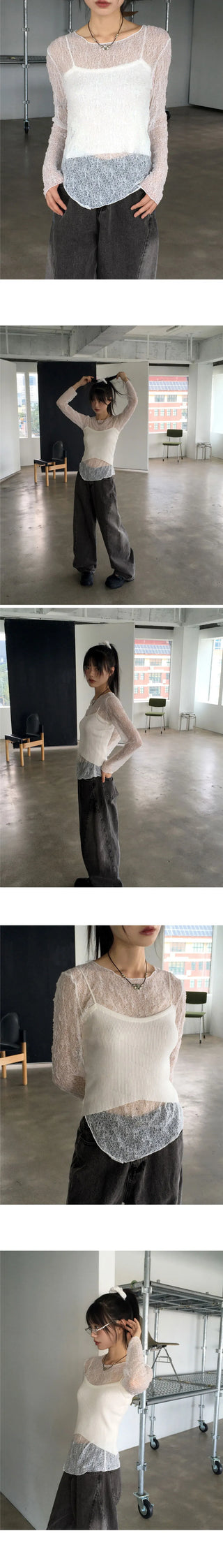Lotal Knitwear Strap Sleeveless Sheer Diagonal Team T-Shirt Set