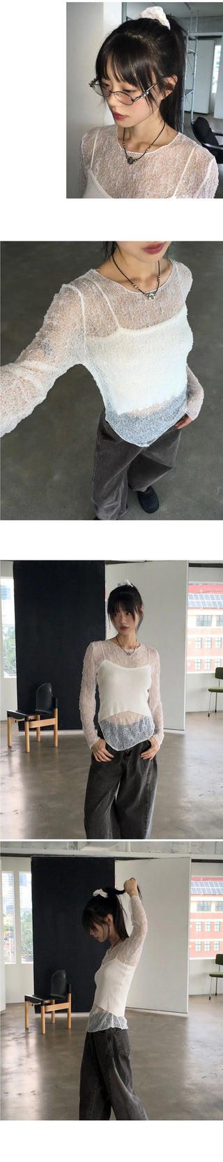Lotal Knitwear Strap Sleeveless Sheer Diagonal Team T-Shirt Set