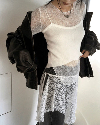 Lotal Knitwear Strap Sleeveless Sheer Diagonal Team T-Shirt Set