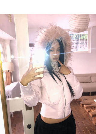 Eru Shibori Fur Hooded Zip-Up Short Padding
