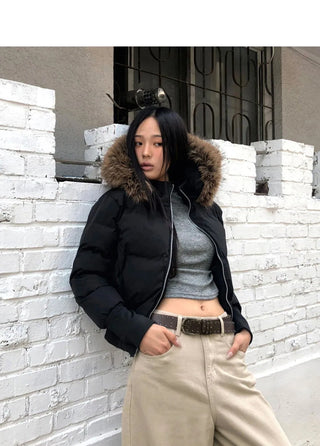 Eru Shibori Fur Hooded Zip-Up Short Padding