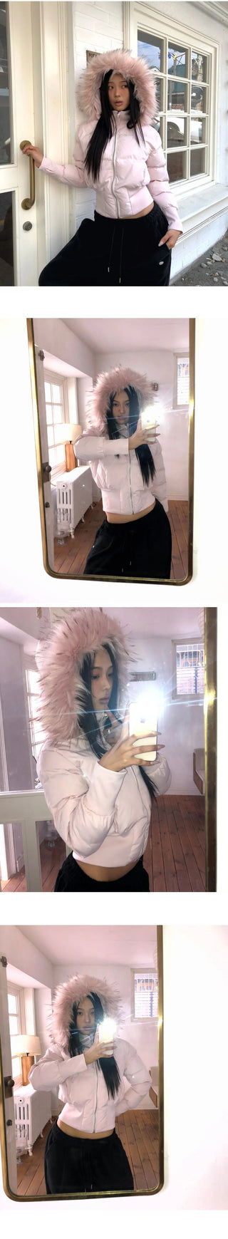 Eru Shibori Fur Hooded Zip-Up Short Padding