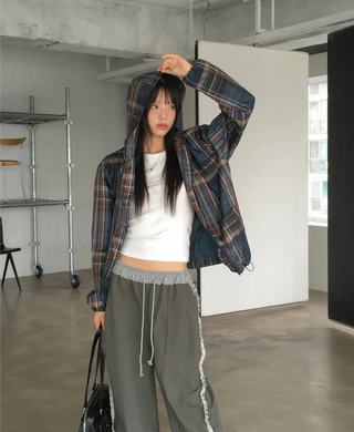 Doman Check Windbreaker Nylon Hooded Zip-Up