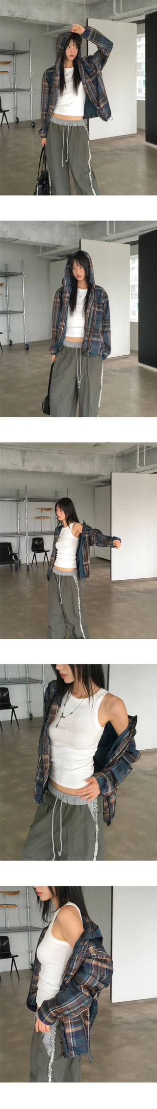 Doman Check Windbreaker Nylon Hooded Zip-Up