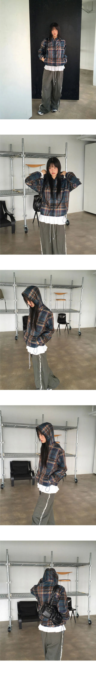 Doman Check Windbreaker Nylon Hooded Zip-Up