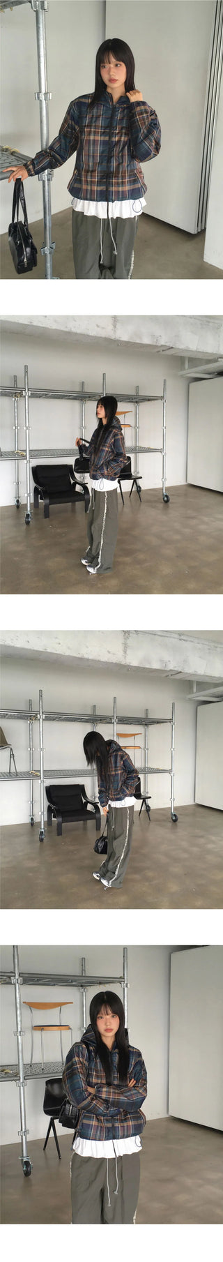 Doman Check Windbreaker Nylon Hooded Zip-Up