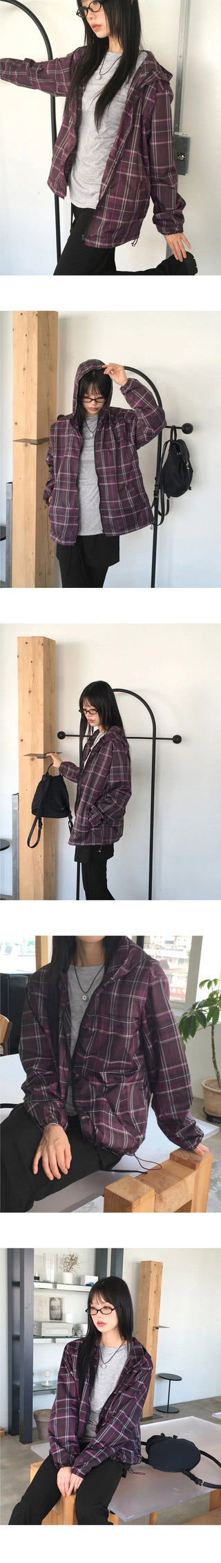 Doman Check Windbreaker Nylon Hooded Zip-Up