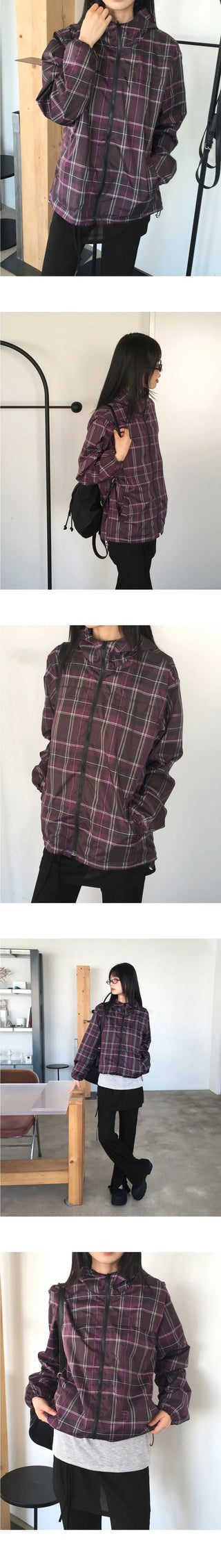 Doman Check Windbreaker Nylon Hooded Zip-Up