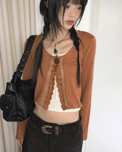 Delo Vintage Big Button Lace Strap Cardigan