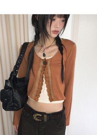 Delo Vintage Big Button Lace Strap Cardigan