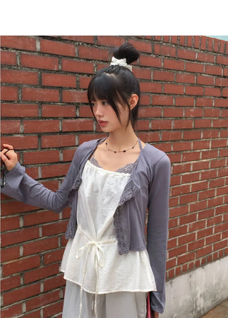 Delo Vintage Big Button Lace Strap Cardigan