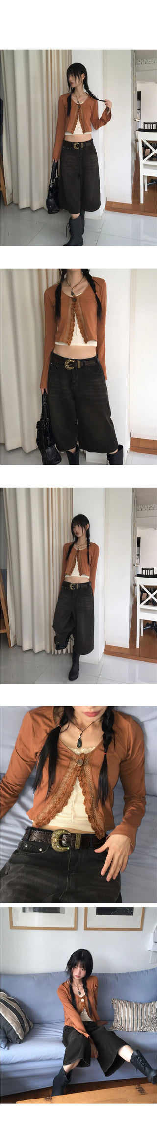Delo Vintage Big Button Lace Strap Cardigan