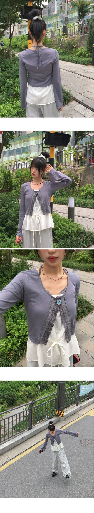Delo Vintage Big Button Lace Strap Cardigan