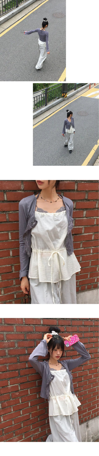 Delo Vintage Big Button Lace Strap Cardigan