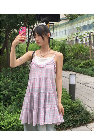 Aco Frill Check Cancan Mini Sleeveless Dress