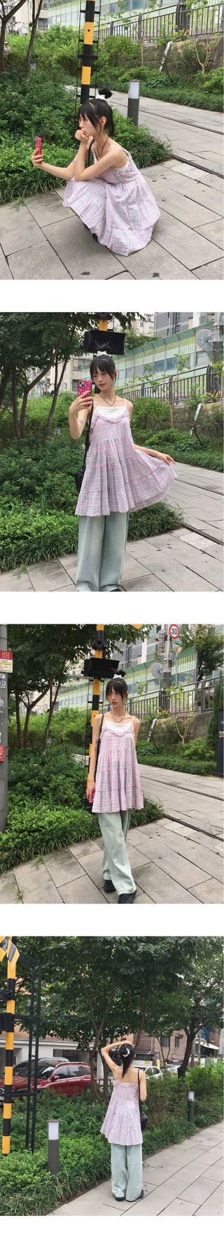 Aco Frill Check Cancan Mini Sleeveless Dress