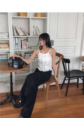 Hiyu Pintuck Frill Lace Ribbon Strap Sleeveless Blouse