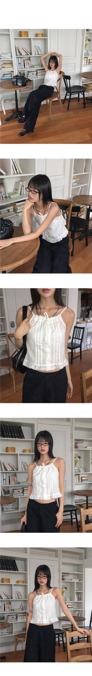 Hiyu Pintuck Frill Lace Ribbon Strap Sleeveless Blouse