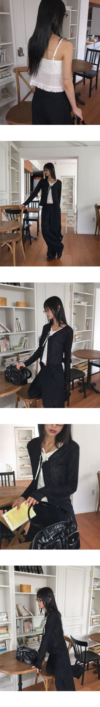 Hiyu Pintuck Frill Lace Ribbon Strap Sleeveless Blouse