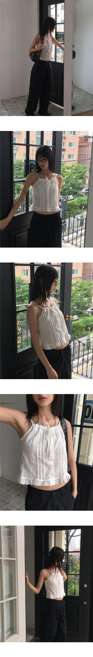 Hiyu Pintuck Frill Lace Ribbon Strap Sleeveless Blouse