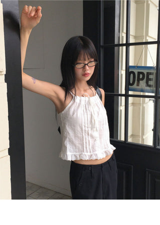 Hiyu Pintuck Frill Lace Ribbon Strap Sleeveless Blouse