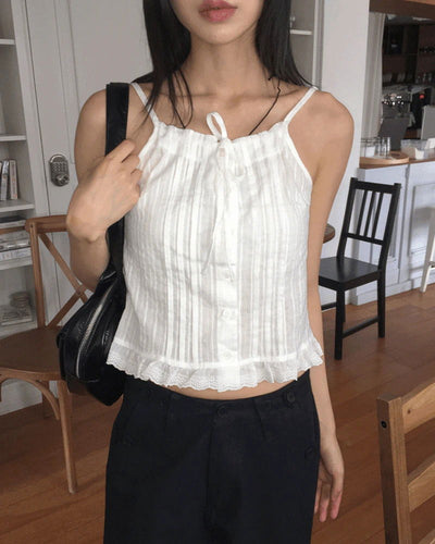 Hiyu Pintuck Frill Lace Ribbon Strap Sleeveless Blouse
