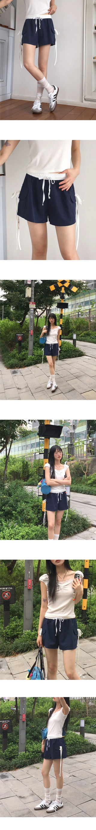 Raffin Banding Color Block Ribbon Pocket Short Pants