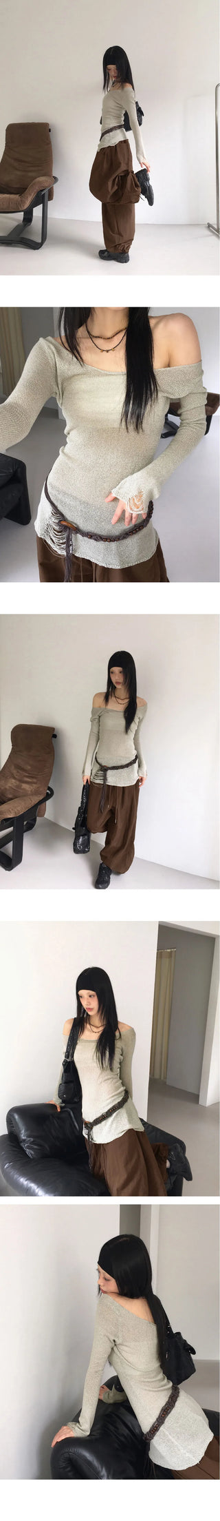 Ticci Damage Long Round Off-Shoulder Knitwear