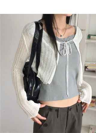 Dope See-Through Ribbed Crop Strap Bolero Cardigan