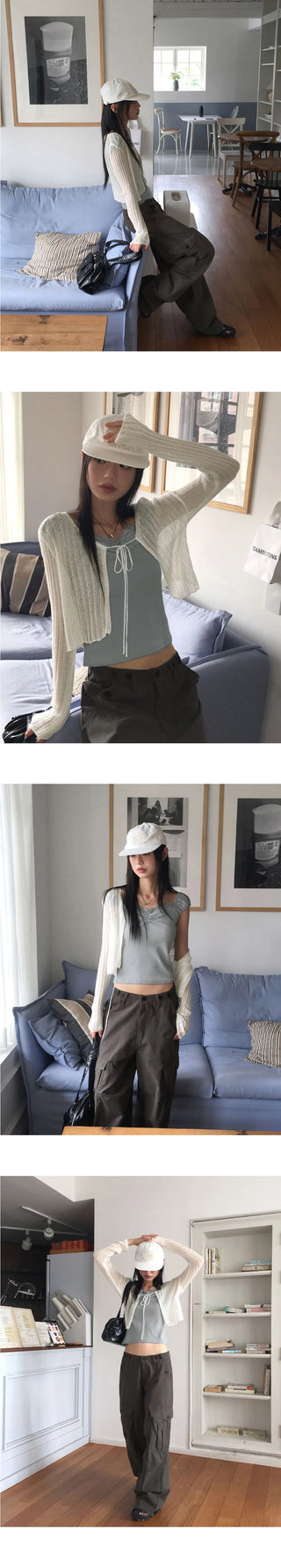 Dope See-Through Ribbed Crop Strap Bolero Cardigan
