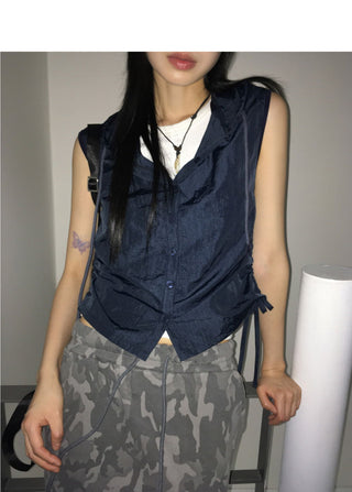 Topic Coated Nylon Button Shirring Hooded Sleeveless Vest