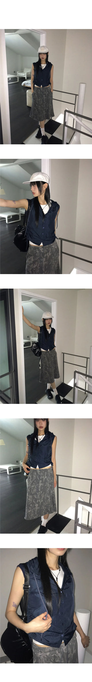 Topic Coated Nylon Button Shirring Hooded Sleeveless Vest