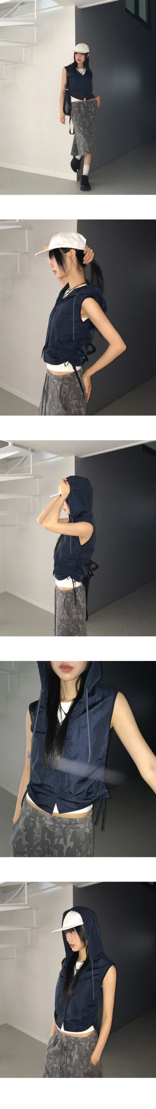 Topic Coated Nylon Button Shirring Hooded Sleeveless Vest