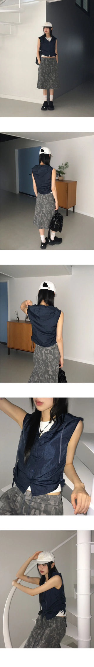 Topic Coated Nylon Button Shirring Hooded Sleeveless Vest