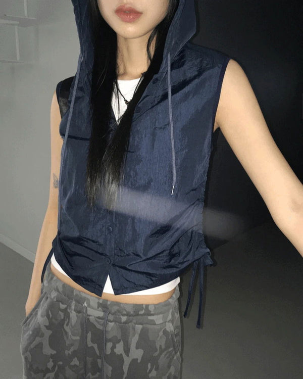 Topic Coated Nylon Button Shirring Hooded Sleeveless Vest