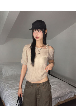 Dahit Buckle One Shoulder Strap Short Sleeve Knitwear