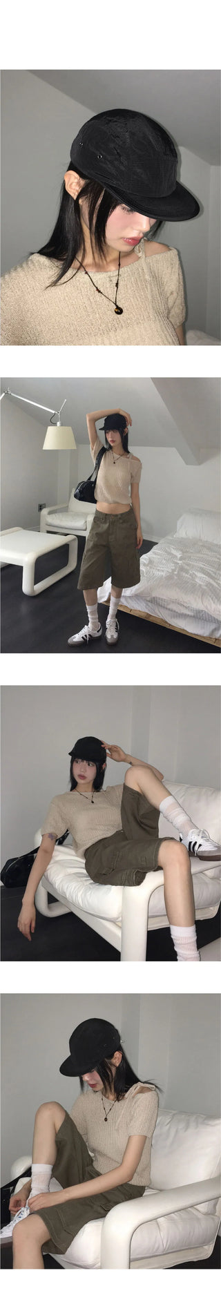 Dahit Buckle One Shoulder Strap Short Sleeve Knitwear