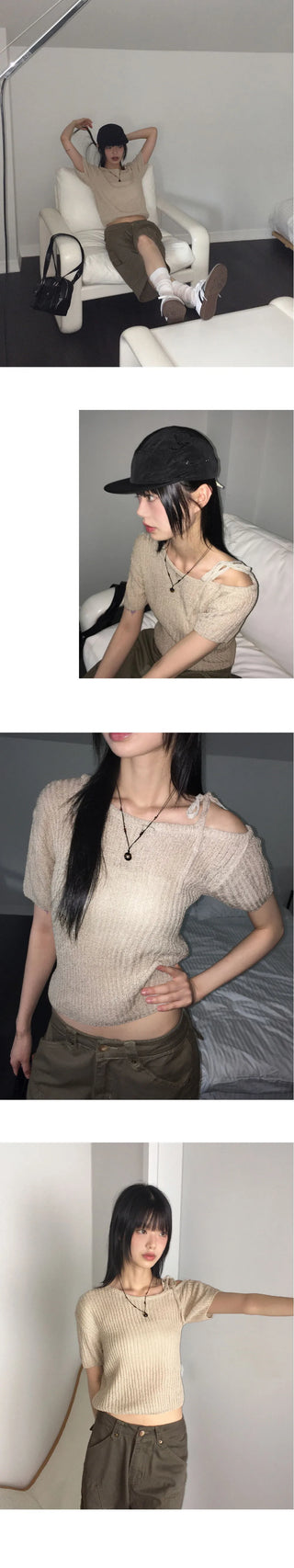 Dahit Buckle One Shoulder Strap Short Sleeve Knitwear