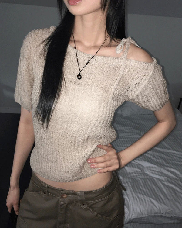 Dahit Buckle One Shoulder Strap Short Sleeve Knitwear