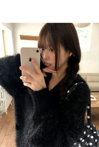 Fleda Pine Needle Angora Knitwear Overfit Hooded Cardigan