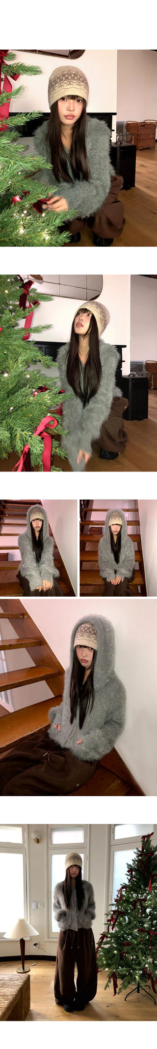 Fleda Pine Needle Angora Knitwear Overfit Hooded Cardigan