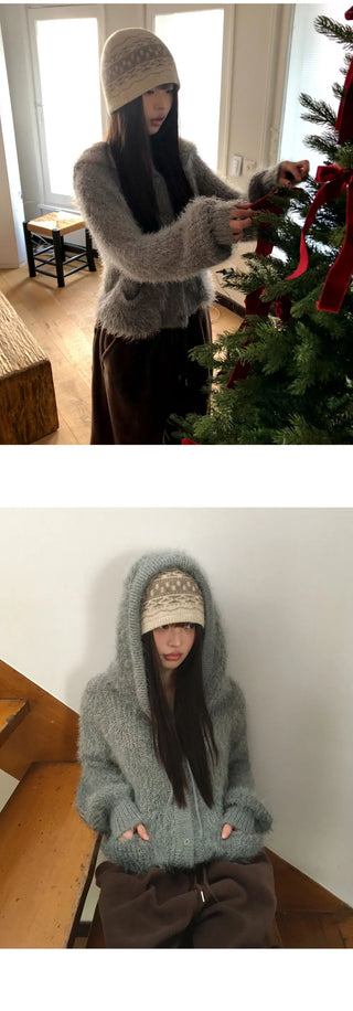 Fleda Pine Needle Angora Knitwear Overfit Hooded Cardigan