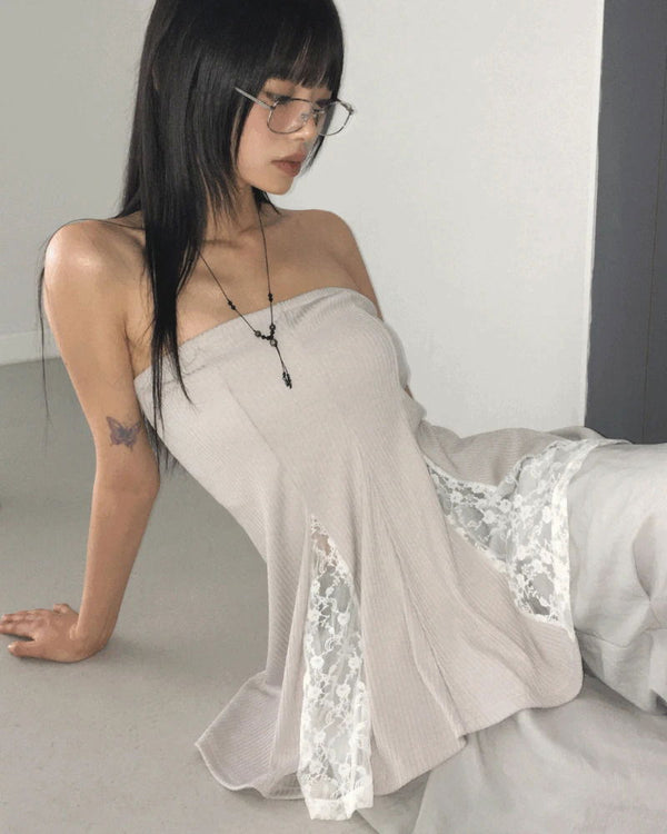 Ponner lace color blocking tube top midi skirt